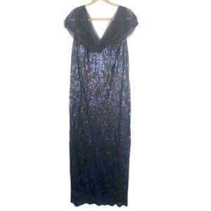 Tadashi Shoji Plus Size Navy Sequined Sleeveless V-Neck Evening Gown 18Q